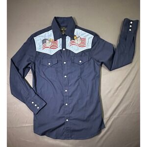 Vintage High Noon Mens Western Snap Shirt Navy Eagle American Flag Embroidered S
